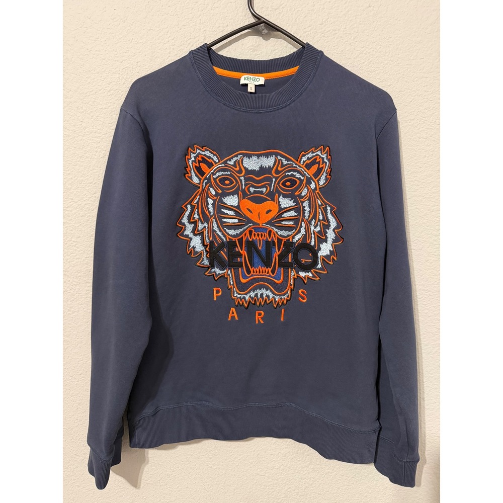 Kenzo Paris Mens Sweatshirt Size S Tiger Head Embroidered Navy Blue Orange